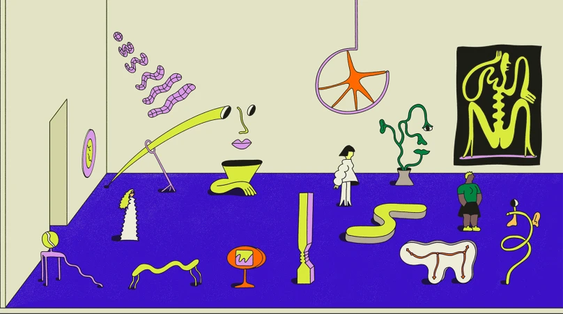 Abstract digital art scene featuring a minimalist gallery setting with stylized human figures and surreal object arrangements on a blue floor.