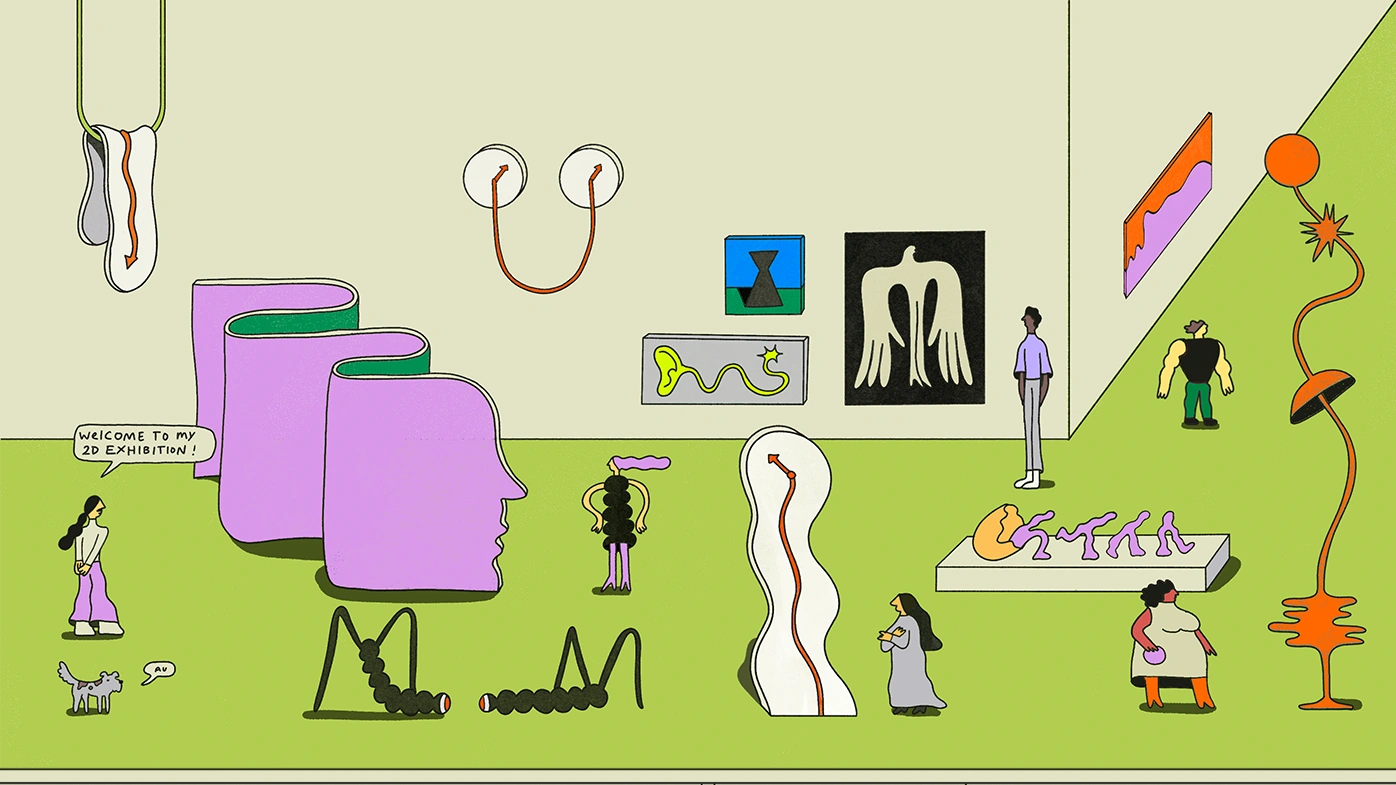 Illustrated 2D art gallery scene by Henri Campea featuring whimsical figures, sculptural pink head partitions, and abstract framed artworks.