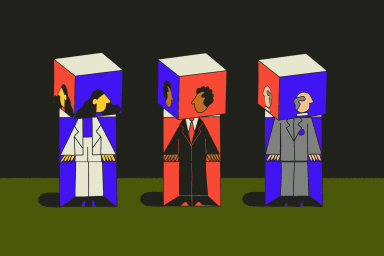 Illustration of three figures with cubic heads wearing suits against a dark background by Henri Campea