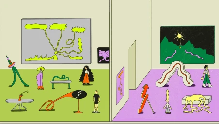 Illustrated gallery interior divided into a green and purple room featuring abstract artworks, sculptures, and small figures.