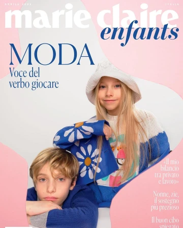 Marie Claire Enfants magazine cover featuring two children wearing knitwear and the title text in pink and blue with a white background.