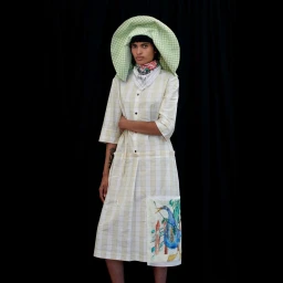 Model wearing a large green and white gingham bonnet and matching patterned dress against a dark background