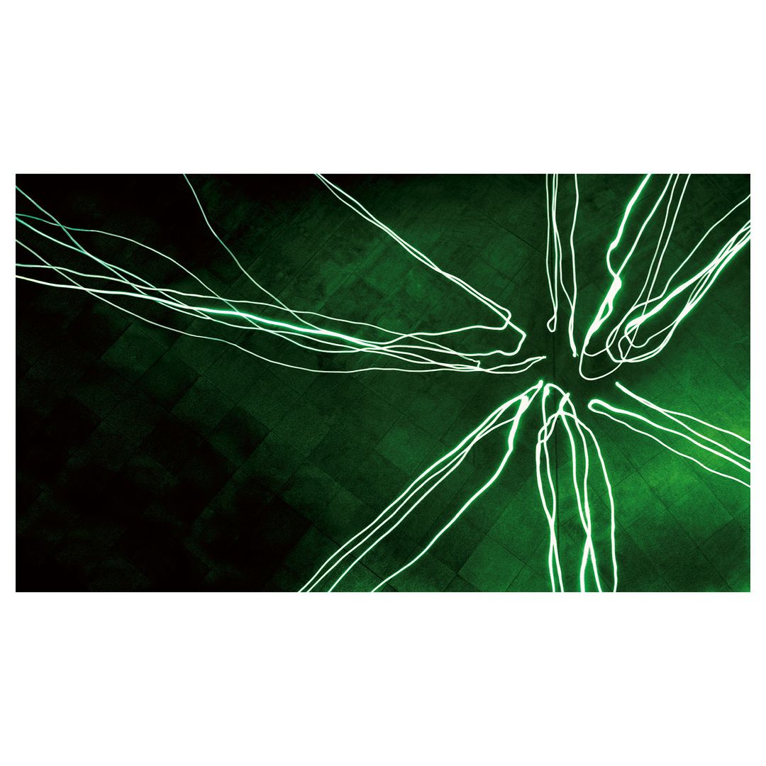 Abstract digital image with neon green lines radiating from a central point against a dark, textured green background.