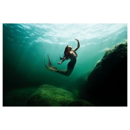 Underwater portrait of a woman with a mermaid tail swimming gracefully between rocky underwater terrain.
