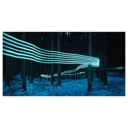 Glowing cyan light trails curving through a dark winter pine forest covered in snow at night, photographed by Henrik Sørensen.