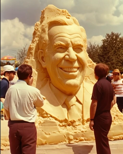 Large butter sculpture of a smiling man wearing a suit surrounded by people, set against an outdoor backdrop with a cloudy sky.