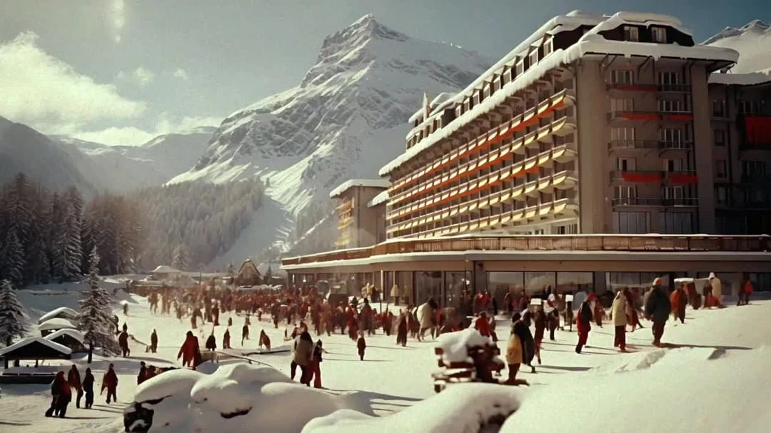 Large group of people walking on snow in front of a hotel with a mountain in the background under a clear, bright sky.