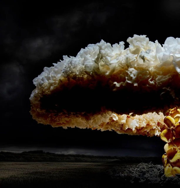 Surreal photograph of a mushroom cloud-like explosion of white and yellow material, set against a dark and stormy landscape backdrop.