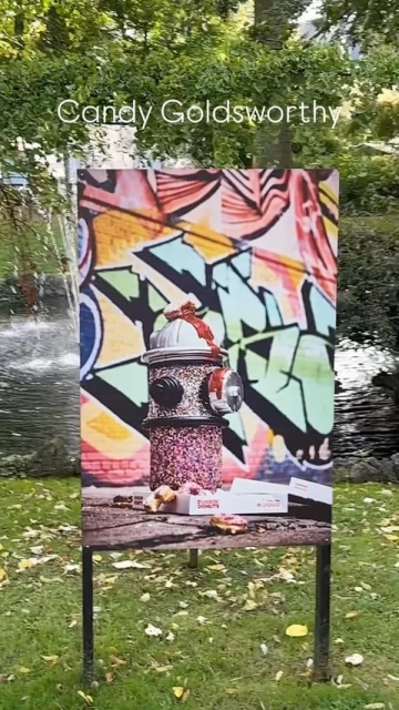 Outdoor display of an artful fire hydrant image with graffiti background and doughnuts on the ground in a park setting.