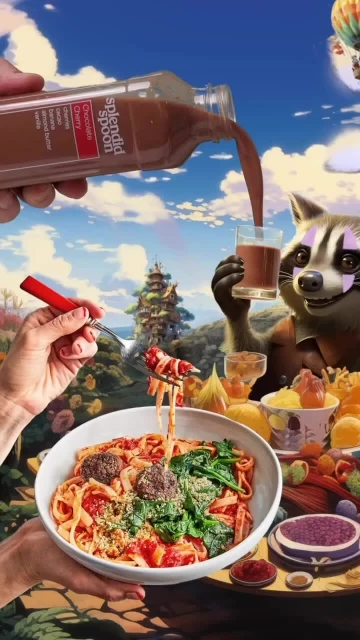 Cartoon raccoon enjoys an outdoor pasta lunch with chocolate drink, featuring a fantasy background, sky, and a hot air balloon.