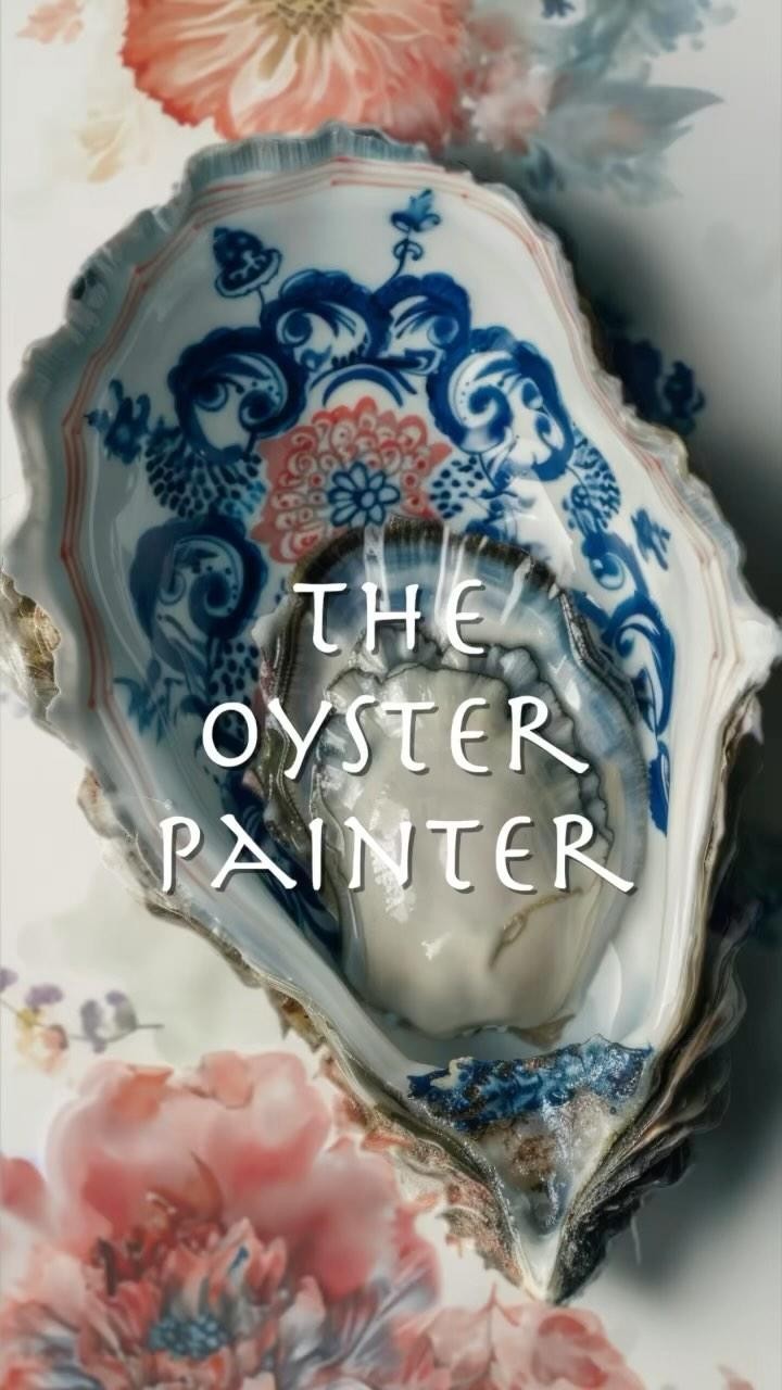 Close-up of an oyster shell painted with blue and peach flower designs, displayed against a floral background, soft studio lighting.