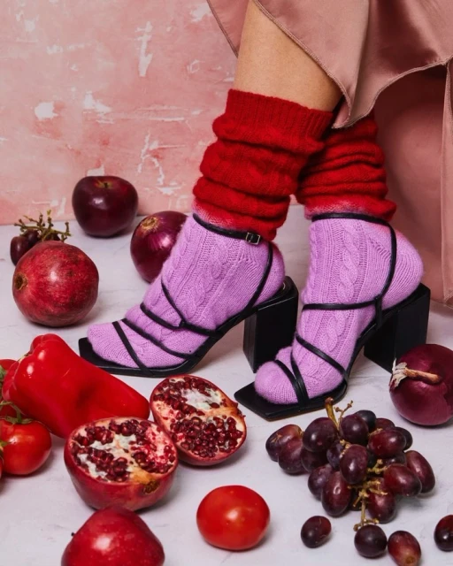 Feet wearing lavender knit socks with black strappy heeled shoes among fresh pomegranates, grapes, peppers, and onions on a white surface.