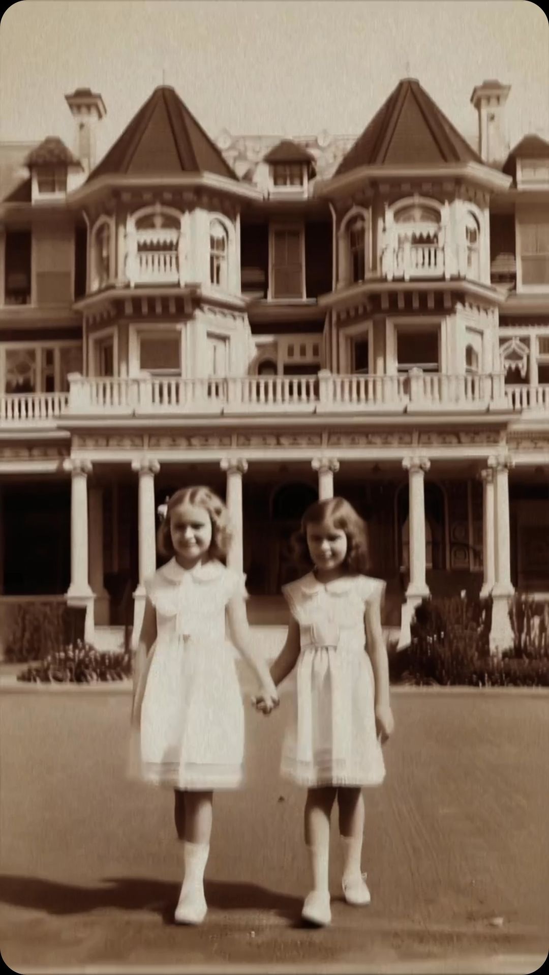 Two young girls in white dresses holding hands standing in front of a large, old building with multiple windows and columns. Sepia toned.