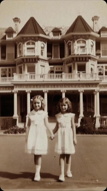 Two young girls in white dresses holding hands standing in front of a large, old building with multiple windows and columns. Sepia toned.