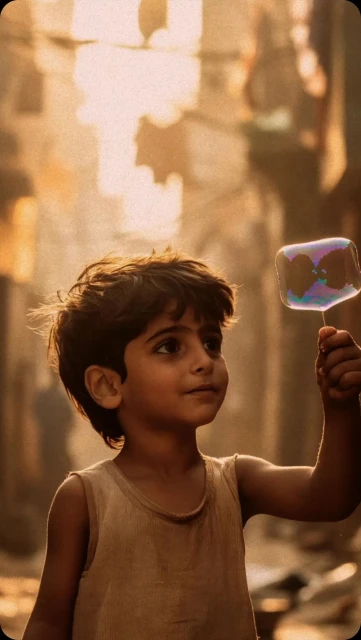 Young boy in a worn tank top holds a bubble wand with a bubble in an outdoor, gritty urban environment with warm, golden lighting.