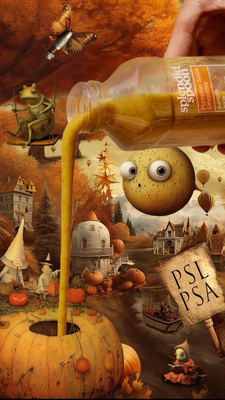 Surreal digital art: pumpkin spiced latte liquid pouring into a pumpkin, whimsical characters, autumnal backdrop, fantasy landscape.