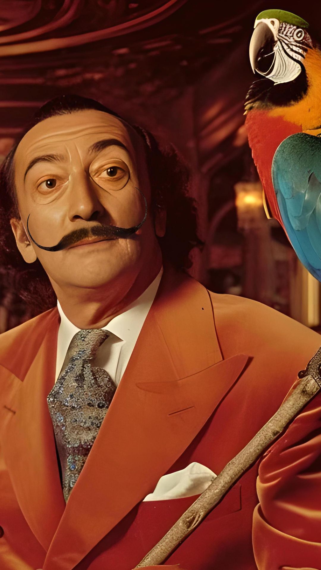 Close-up of a man with a large mustache and an orange suit, posing with a colorful macaw parrot perched on a branch.