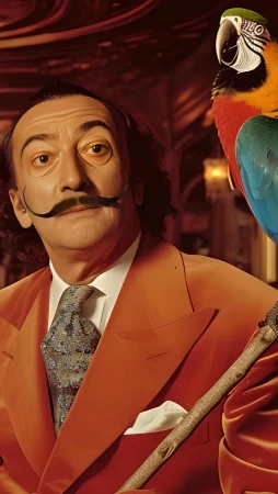 Close-up of a man with a large mustache and an orange suit, posing with a colorful macaw parrot perched on a branch.