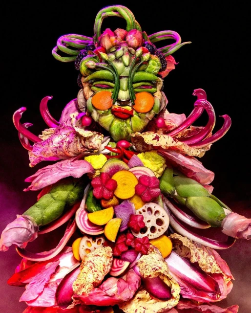 Artistic portrait of a person costumed in vegetables and fruits, crafted into a mask and clothing, against a black background.