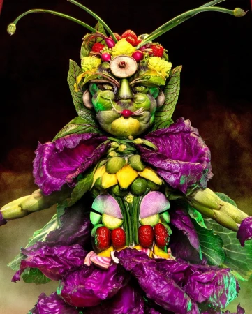 Surreal artistic image of a human-like figure intricately constructed from a variety of fresh vegetables, against a dark backdrop.