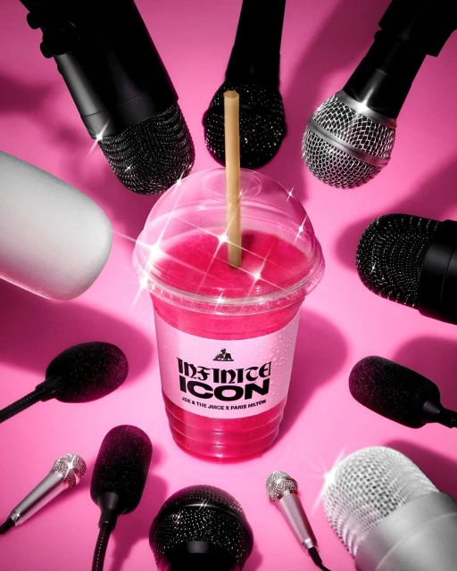 Drink in plastic cup with straw surrounded by black and silver microphones on pink backdrop, promotional product for music industry.