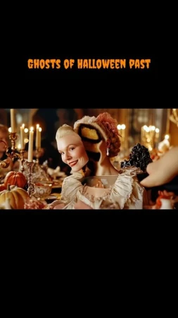 An elegantly dressed woman sits at a table set for a Halloween feast, a mask of her own face held up to show both real and represented.