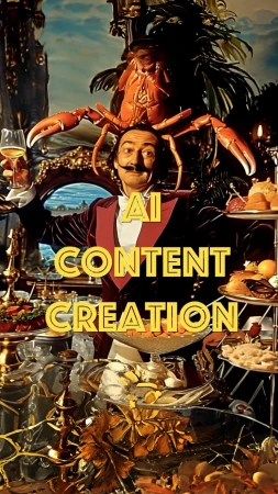 Artificial intelligence content featuring a person with a lobster on their head amid a surreal buffet arrangement, opulent setting.