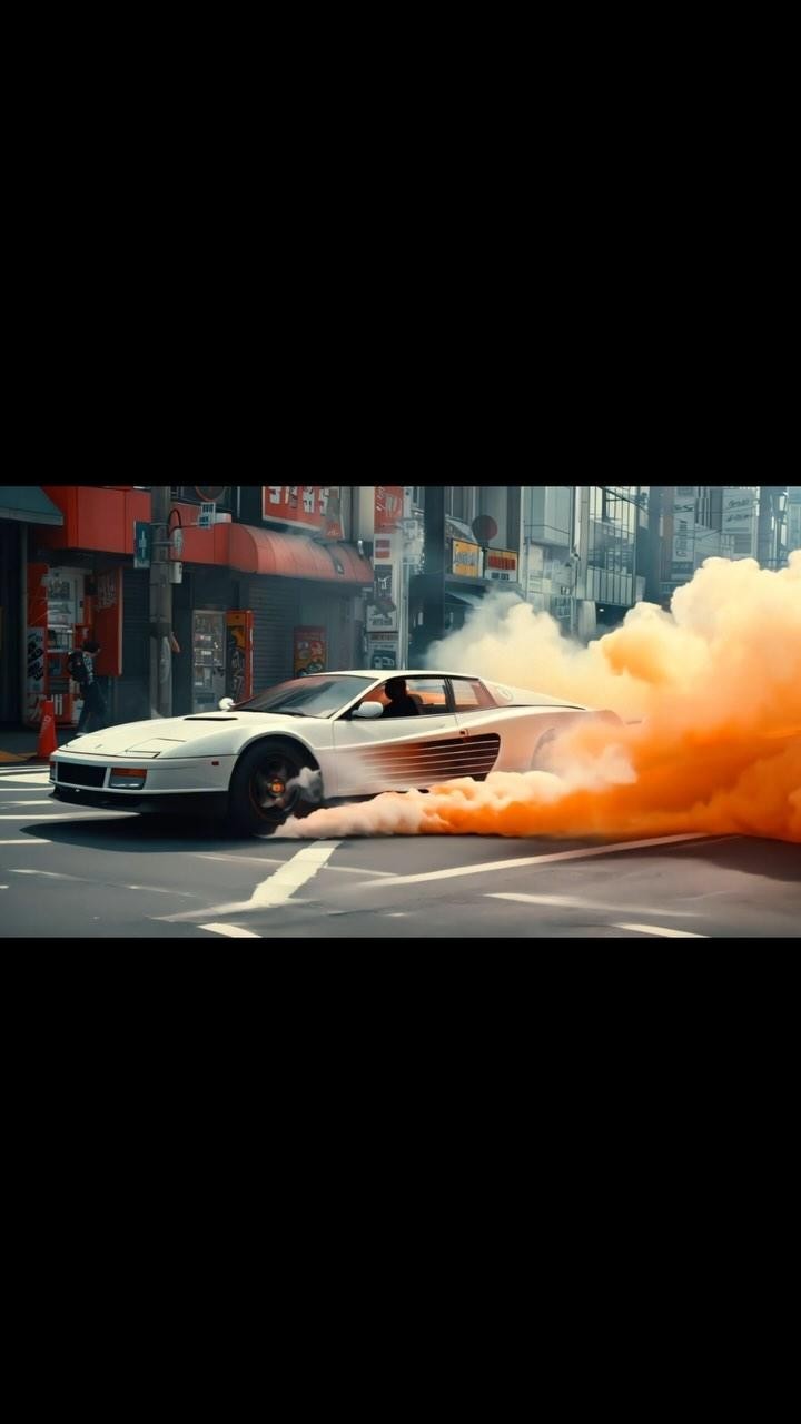 White Ferrari Testarossa drifts through a crosswalk, surrounded by orange smoke, in a bustling urban street scene on a sunny day.