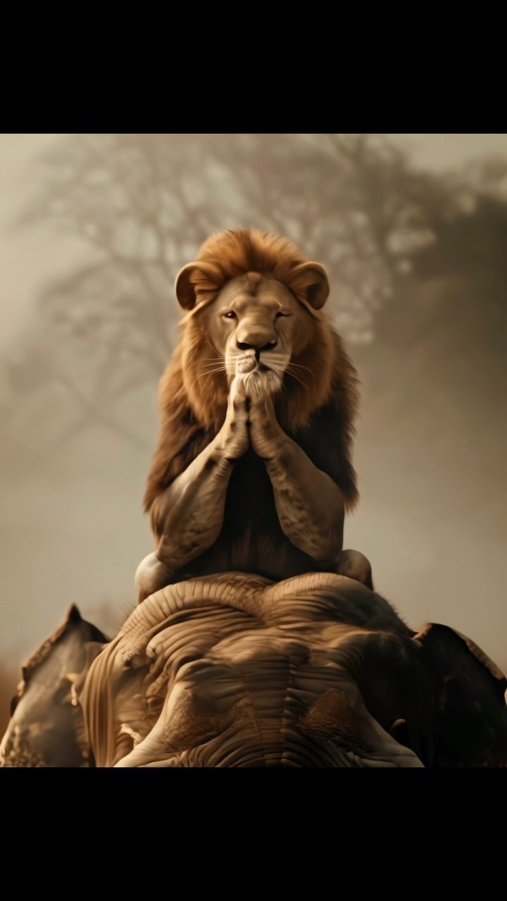 Illustration of a lion with its hands clasped in prayer sitting on an elephant, depicted with a warm color palette and soft lighting.
