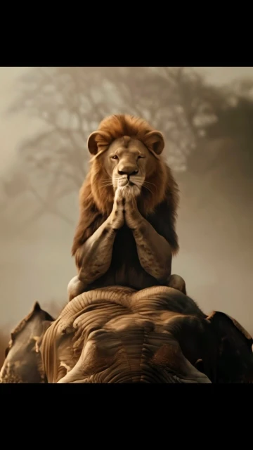 Illustration of a lion with its hands clasped in prayer sitting on an elephant, depicted with a warm color palette and soft lighting.