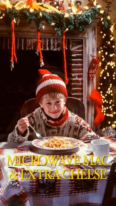 A young boy with a red and white knit hat and sweater sits at a table with macaroni and cheese during the Christmas season.