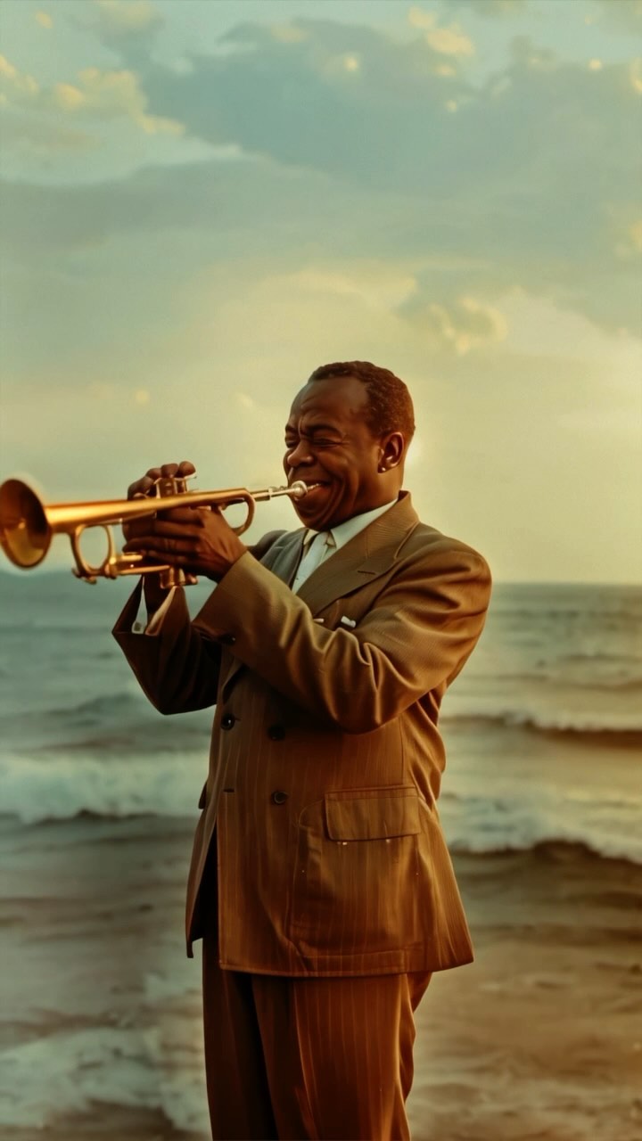 An African American man in a suit plays a brass trumpet outdoors with the ocean and a cloudy sky in the background at sunset.