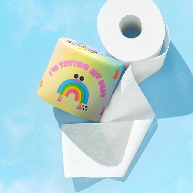 Cartoon-style toilet paper roll with rainbow and 'I'm trying my best' text on a blue cloud background, promoting mental wellness.