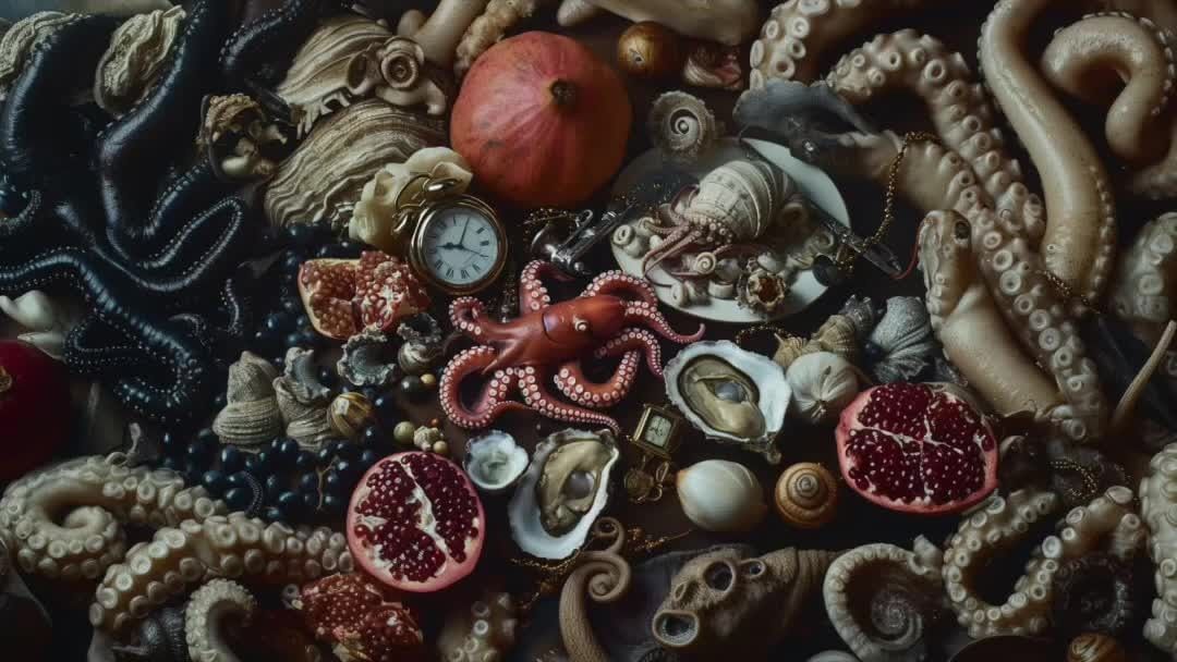Arrangement featuring seafood, pomegranates, oysters, a pumpkin, and a vintage clock, creating a still-life composition with rich textures.