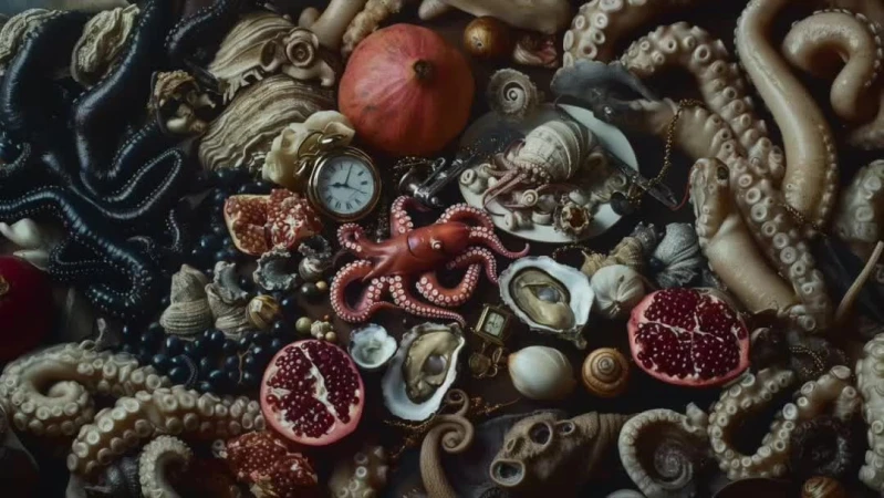 Arrangement featuring seafood, pomegranates, oysters, a pumpkin, and a vintage clock, creating a still-life composition with rich textures.