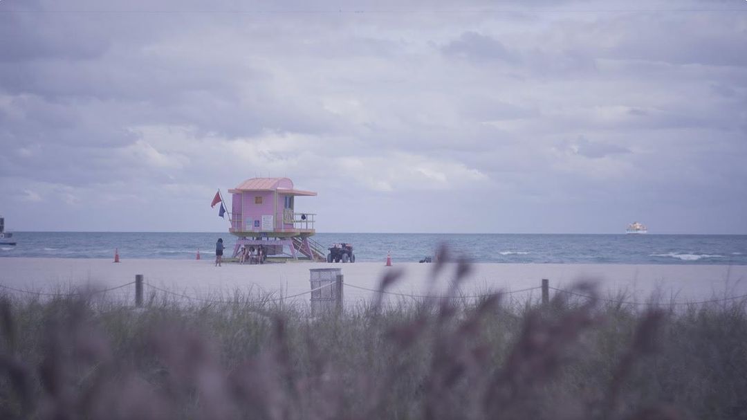 Scenic beach view with a pink lifeguard tower on the sandy shore, framed by dune grasses under an overcast sky, capturing a serene coastal moment.