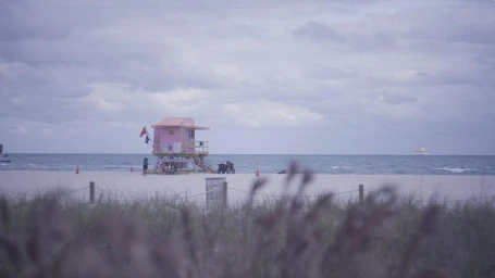 Pink lifeguard tower on a sandy beach under an overcast sky viewed past foreground dune grass