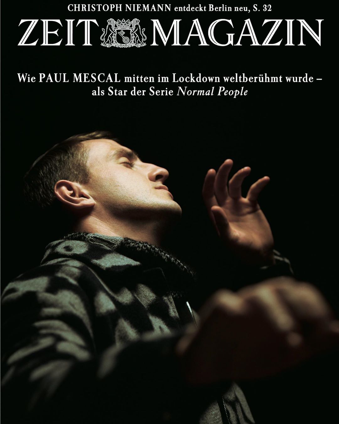 Zeit Magazin cover featuring Paul Mescal in a grey jacket, eyes closed, angled upward, in a dimly lit, soft-focus portrait.