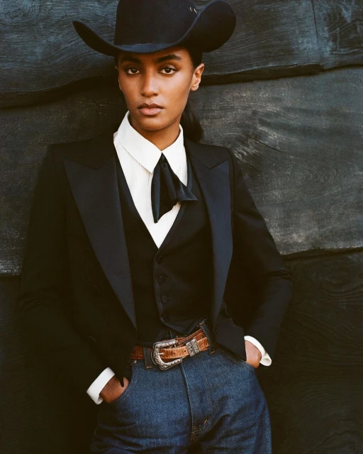 Adult female in fashion shot wearing a cowboy hat, blazer, vest, jeans and a large belt in front of a dark-colored wooden wall.