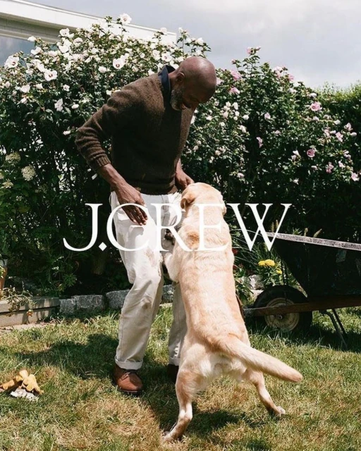 Adult male interacts with a golden Labrador Retriever in a grassy yard with blossoming bushes and trees on a sunny day.