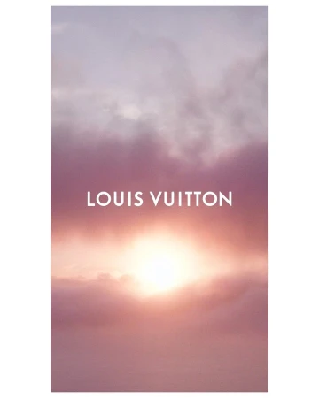 Sunrise or sunset with clouds in shades of pink and orange, featuring the Louis Vuitton brand name in white sans-serif typeface.