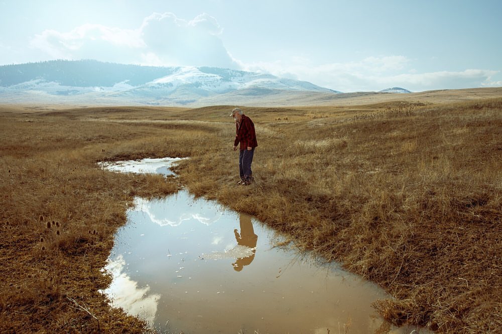 An older adult male stands near a water stream in a golden field, his reflection mirroring in the water under a bright sky and distant mountains.
