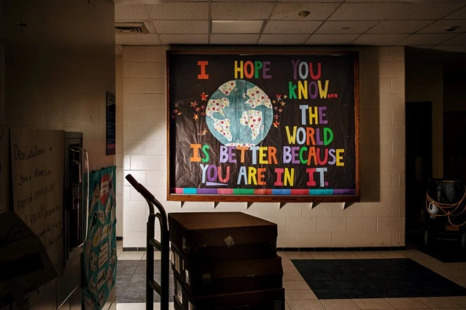 Bulletin board in a school hallway features colorful typography and an illustration of the world with positive message about being in it.