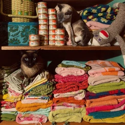 Two Siamese cats resting among stacked towels and towers of canned cat food on wooden shelves, photographed by Holly Andres.