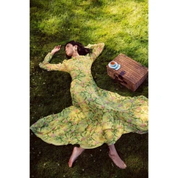 Woman in a yellow floral dress lying barefoot on green grass next to a woven wicker picnic basket.