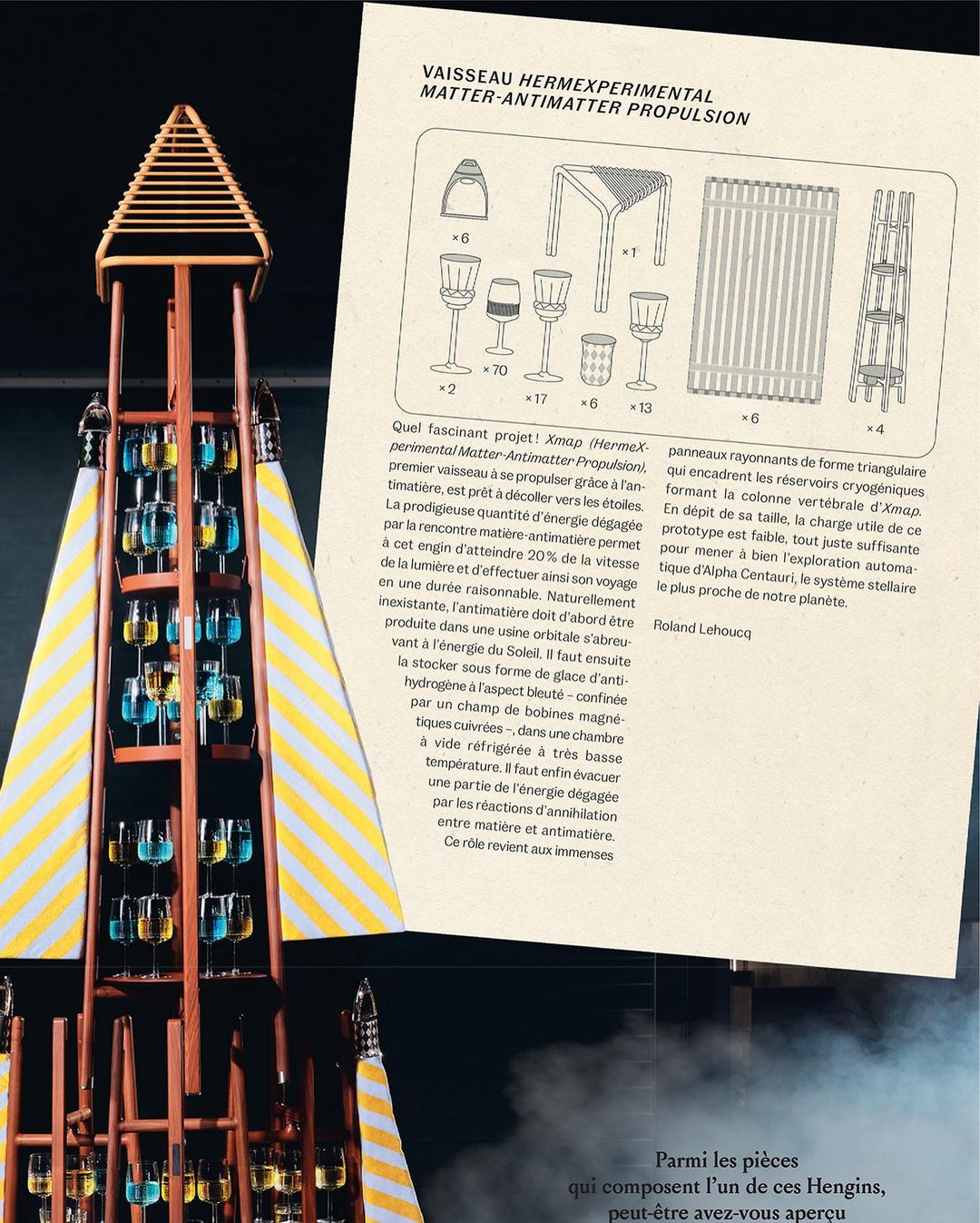 Tall tiered structure made of wood and wine glasses filled with colorful liquid, alongside a page of technical drawings and text.