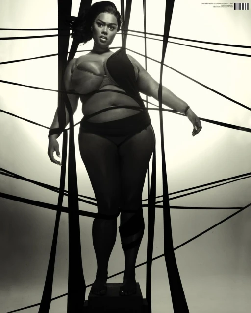 Full-figure woman in lingerie stands on a platform surrounded by black ribbons, studio shot on white background, dramatic monochrome fashion.