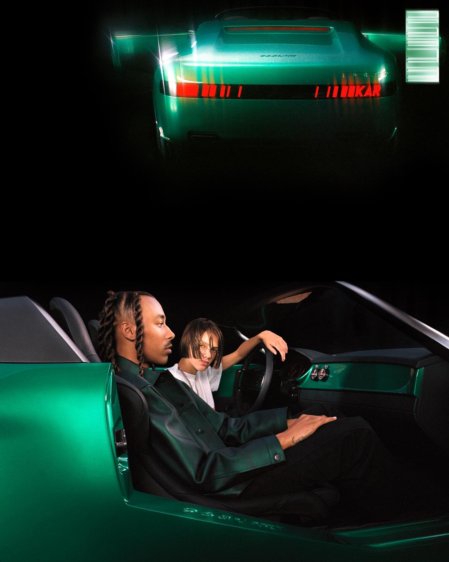 A stylish automotive shoot featuring a green sports car with two people inside, showcasing a luxury vehicle with custom bodywork.