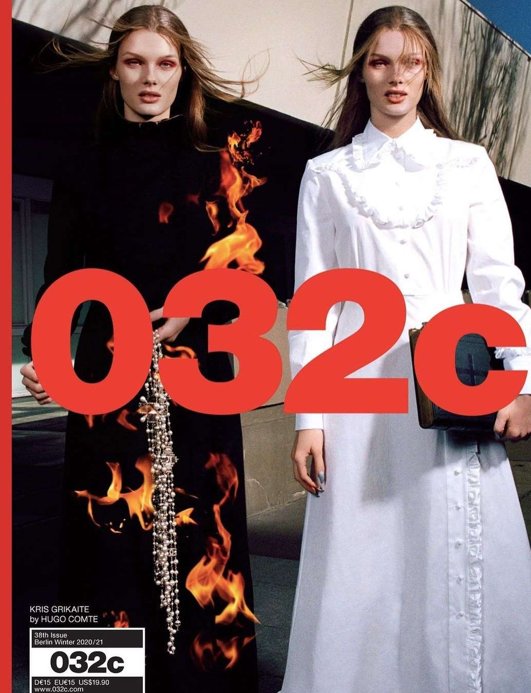Fashion magazine cover featuring two women in contrasting long dresses against a minimalist backdrop, showcasing '032c' magazine. One dress features flames.