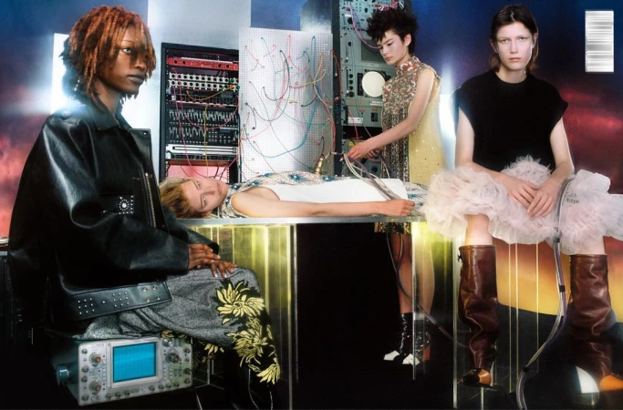 Editorial fashion shot featuring a group of adult models in a futuristic tech-inspired setting with electronic equipment and studio lighting.
